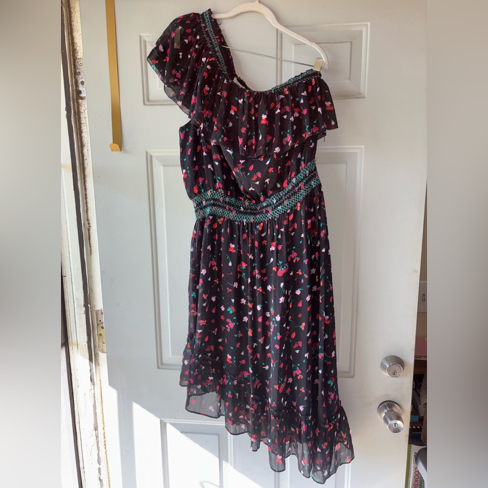 Joie black Hafsa floral one-shoulder asymmetrical silk dress